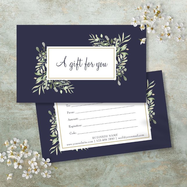 Spring Leaves Navy Blue Gift Certificate (Greenery Floral Navy Blue Gift Certificate)