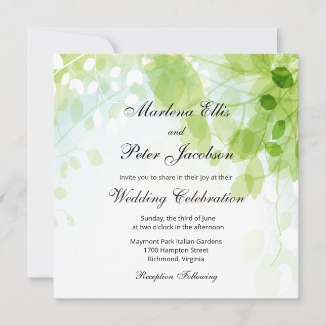 Spring Leaves Watercolor Wedding Invitation (Front)