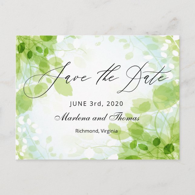 Spring Leaves Watercolor Wedding Save the Date Announcement Postcard (Front)