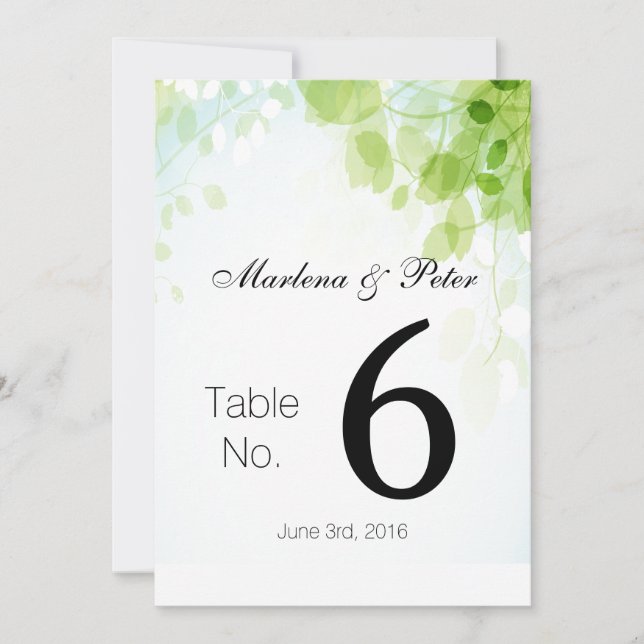 Spring Leaves Watercolor Wedding Table Cards (Front)