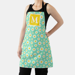 Spring Light Green & White Daisies Monogram Apron