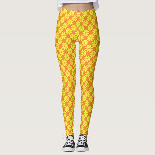 Spring light yellow flowers on light orange leggings (Front)
