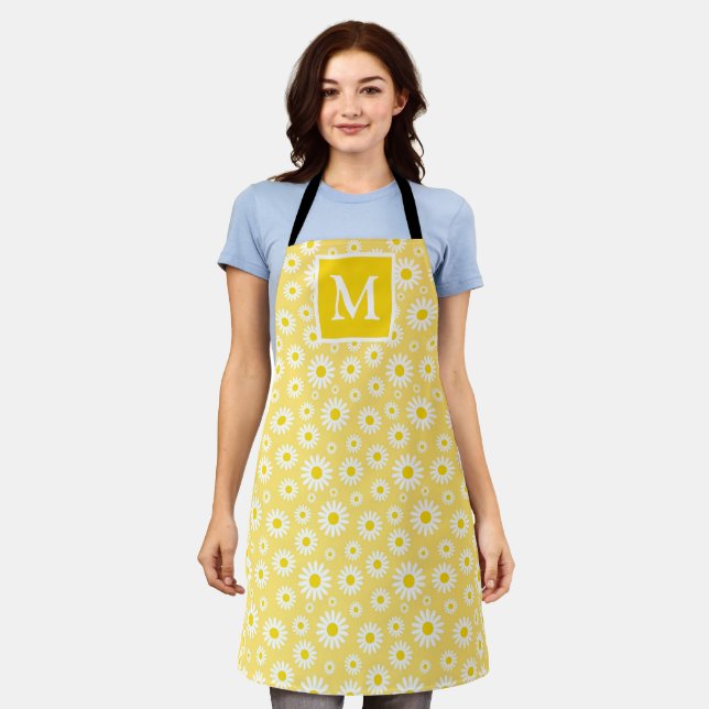 Spring Light Yellow & White Daisies Monogram  Apron (Worn)