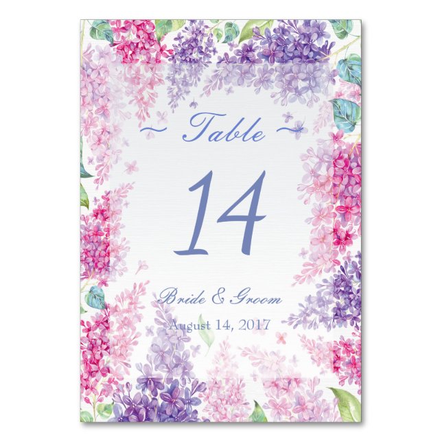 Spring Lilac Flower Floral Wedding Table Number (Front)