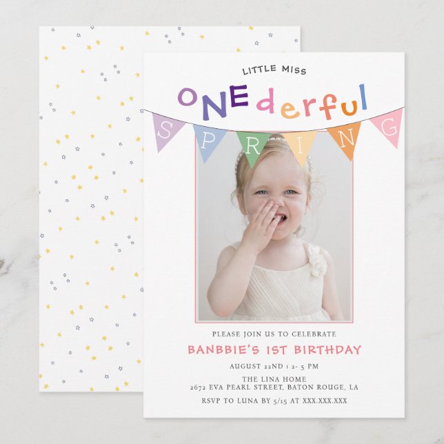 Spring Little Miss Onederful Photo 1st Birthday Invitation (Front/Back)