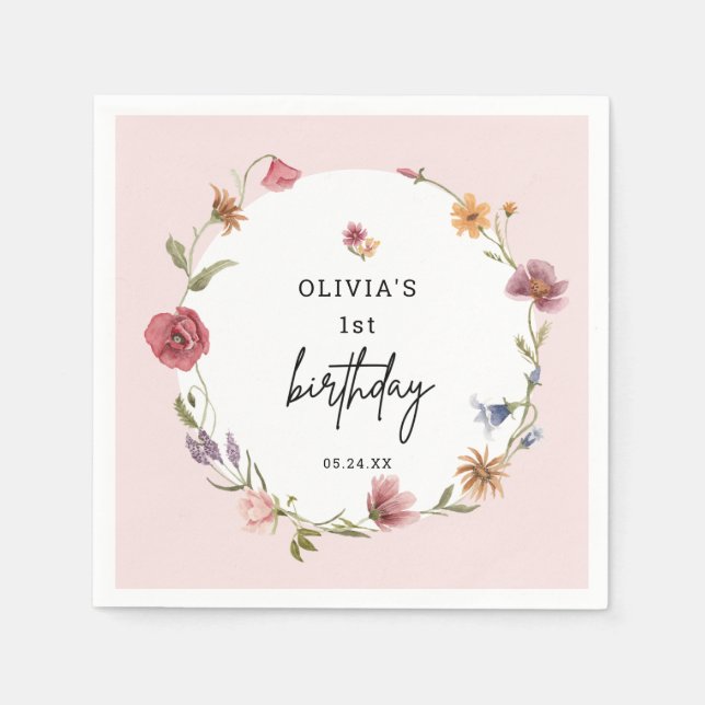 Spring Little Wildflower Girl 1st Birthday Party Napkin (Front)