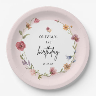 Spring Little Wildflower Girl 1st Birthday Party Paper Plate