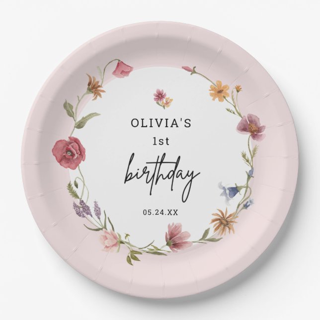 Spring Little Wildflower Girl 1st Birthday Party Paper Plate (Front)