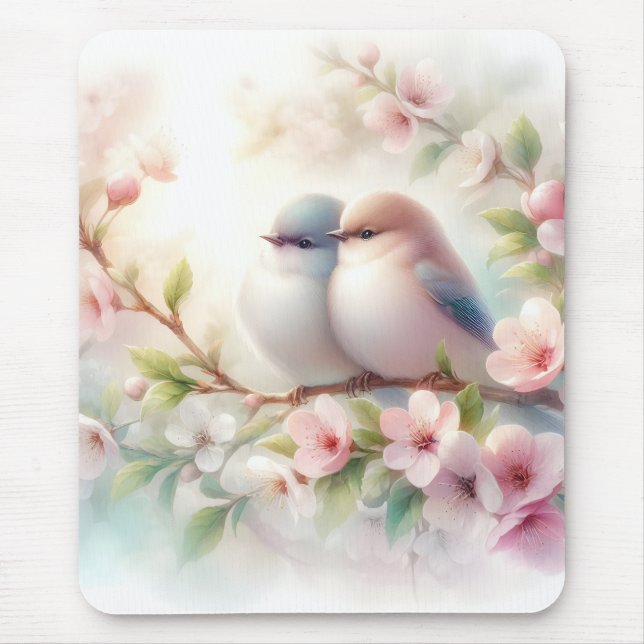 Spring Love Birds Cherry Blossom Floral Mouse Mat (Front)