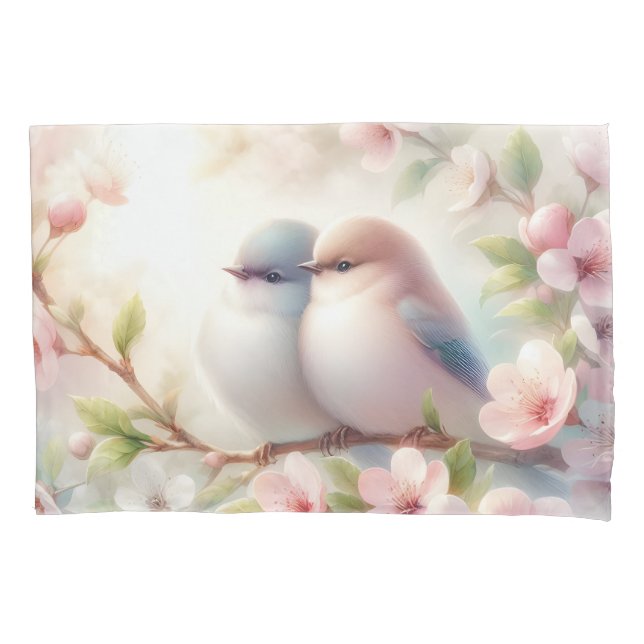 Spring Love Birds Cherry Blossom Floral Pillowcase (Front)