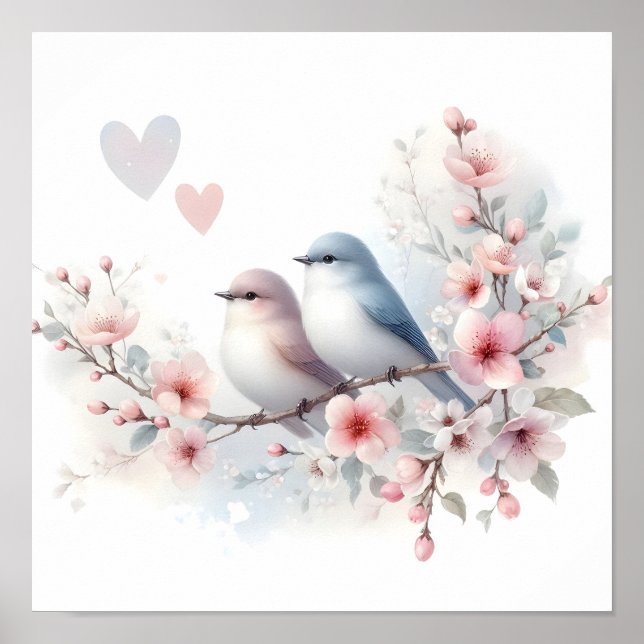 Spring Love Birds Cherry Blossom Floral Poster (Front)