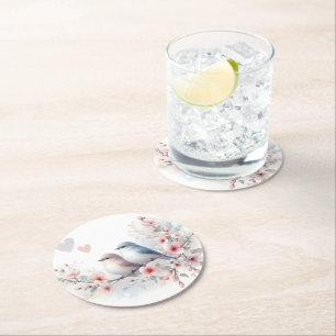 Spring Love Birds Cherry Blossom Floral Round Paper Coaster