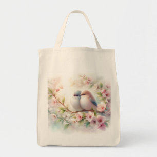 Spring Love Birds Cherry Blossom Floral Tote Bag