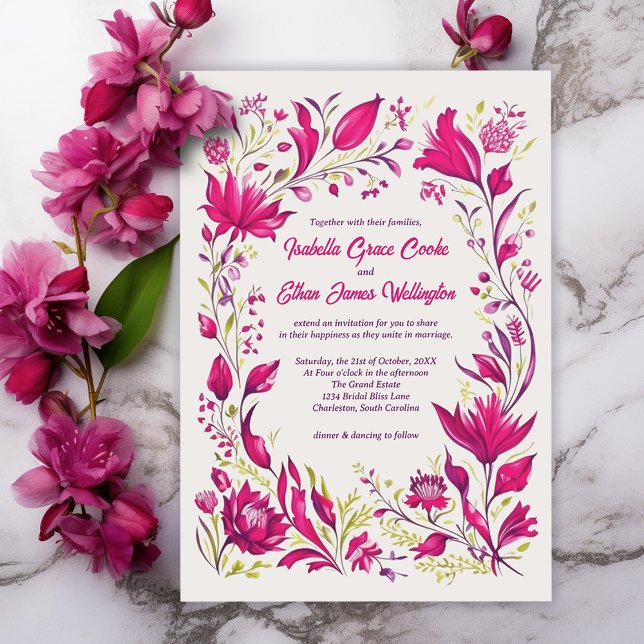 Spring Magenta Garden Floral Wedding Invitation (Creator Uploaded)