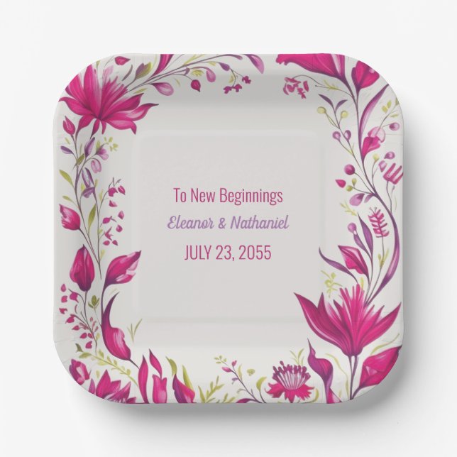Spring Magenta Garden Floral Wedding Paper Plate (Front)