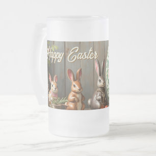 Spring Magic with Blossoms and Bunny Happiness Frosted Glass Beer Mug