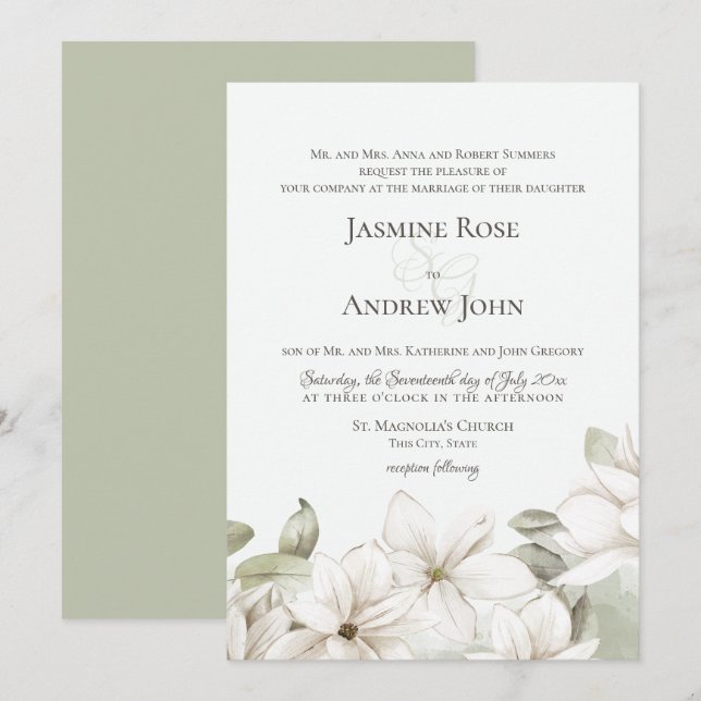 Spring Magnolia Blossom Blush and Sage Wedding Invitation (Front/Back)