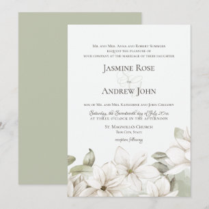 Spring Magnolia Blossom Blush and Sage Wedding Invitation