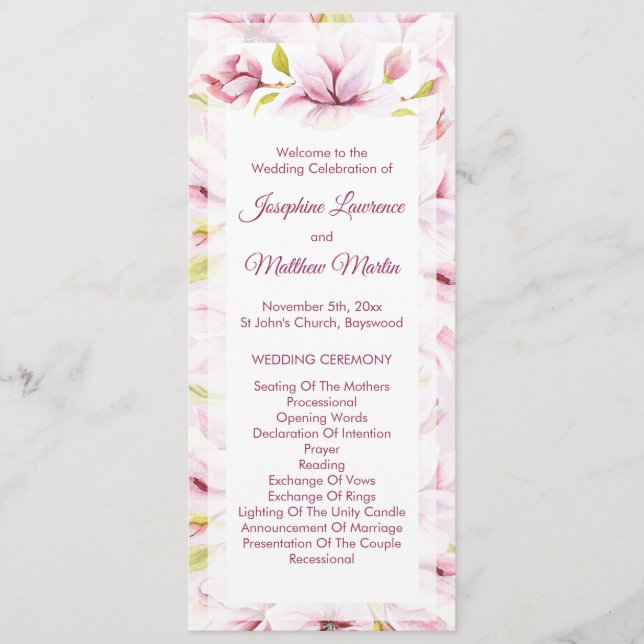 Spring Magnolias Floral Wedding Ceremony Programme (Front)