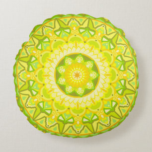 Spring Mandala Green Yellow Boho Floral Round Cushion