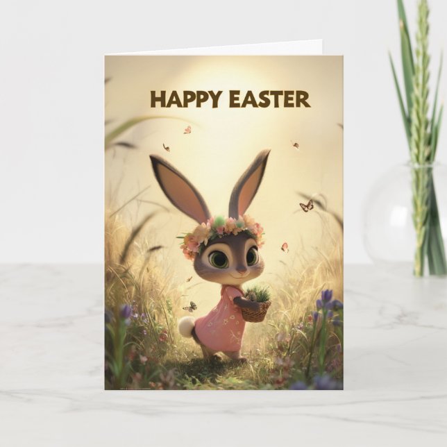 Spring Meadow Bunny in Pink Dress Easter Card (Front)