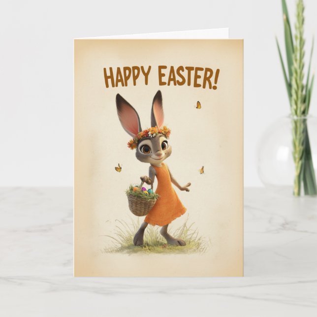 Spring Meadow Bunny with Basket Easter Card (Front)