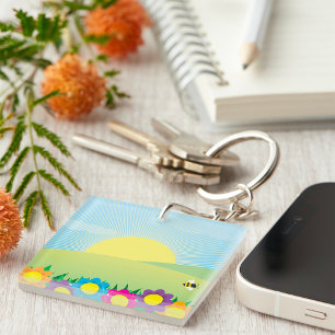 Spring Meadow Sunburst with Colourful Flowers Key Ring