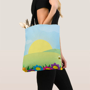 Spring Meadow Sunburst with Colourful Flowers Tote Bag