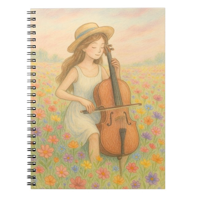 Spring Melody – Girl with Cello in Flower Field 🌸 Notebook (Front)