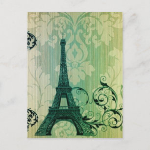 spring mint green damask Paris Eiffel Tower Postcard