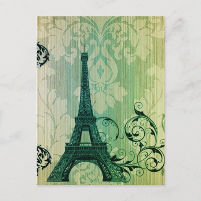 spring mint green damask Paris Eiffel Tower Postcard (Front)