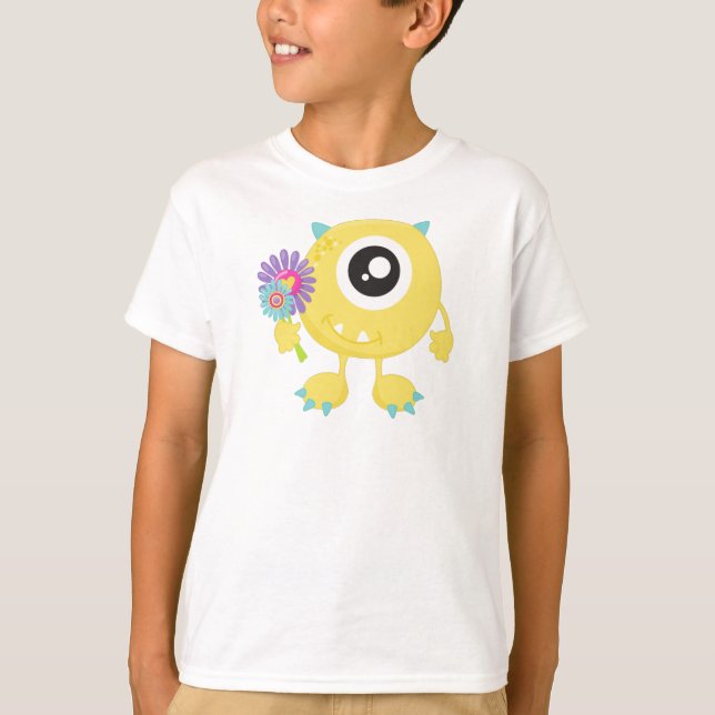 Spring Monster, Yellow Monster, Flowers, Horns T-Shirt (Front)