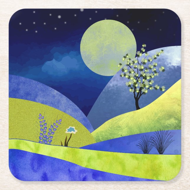 Spring Moonrise Square Paper Coaster (Front)