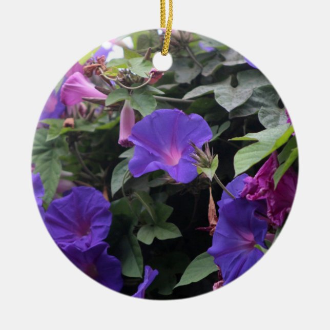 Spring Morning Glories in Blue Ceramic Tree Decoration (Front)