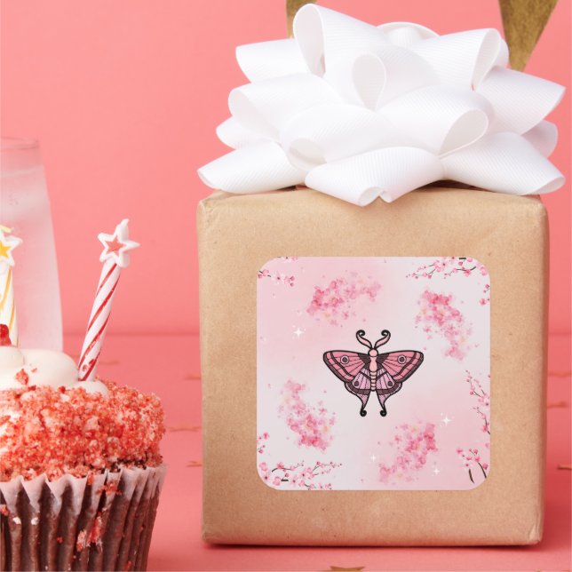 Spring Moth Among Cherry Flowers Square Sticker (Party)