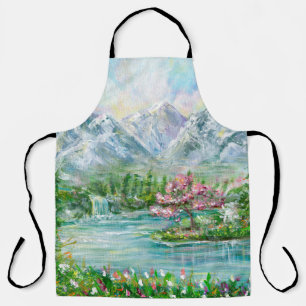 Spring mountain landscape. Original acrylic hand p Apron