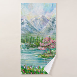 Spring mountain landscape. Original acrylic hand p Bath Towel