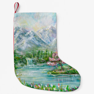 Spring mountain landscape. Original acrylic hand p Small Christmas Stocking