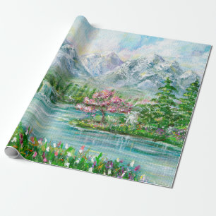 Spring mountain landscape. Original acrylic hand p Wrapping Paper