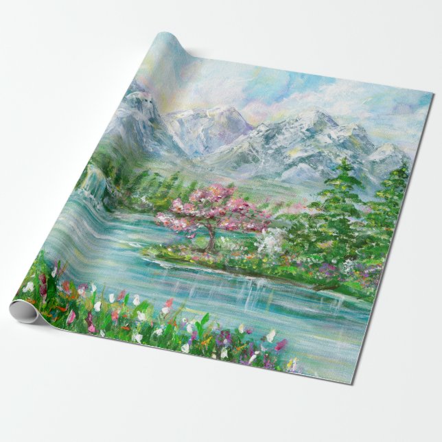Spring mountain landscape. Original acrylic hand p Wrapping Paper (Unrolled)