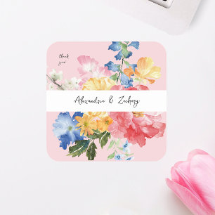 Spring Multi Colour Florals Thank You - Pink Square Sticker