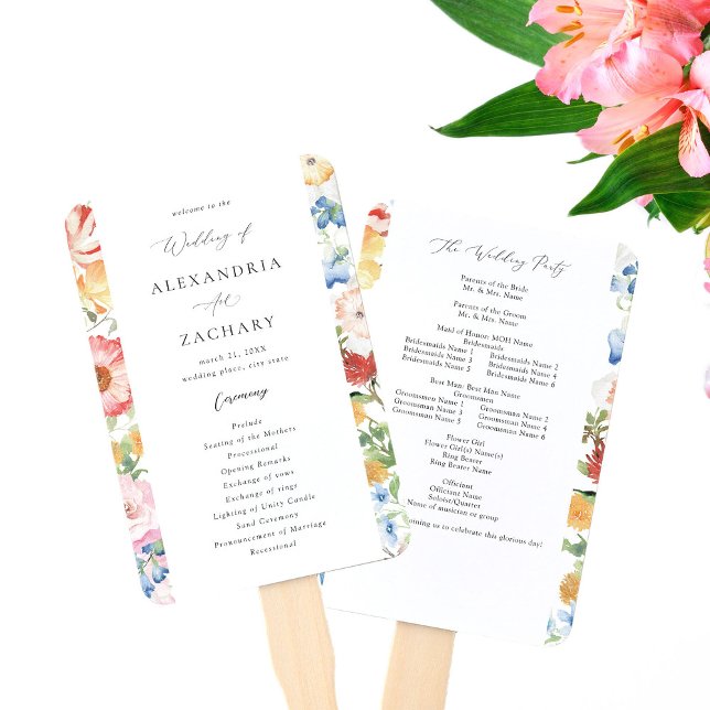 Spring Multi Colour Florals Wedding Program Hand Fan (Creator Uploaded)