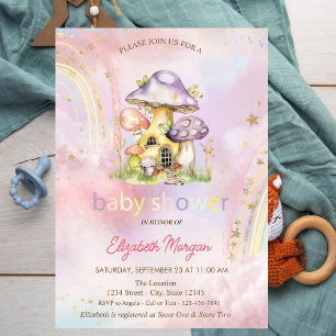 Spring Mushrooms Houses Rainbow Baby Shower Invitation