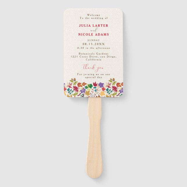 Spring Mustard Yellow Purple Meadow Flower Wedding Hand Fan (Front)