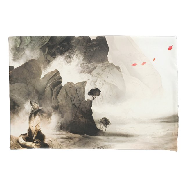 Spring Mystic Fox Misty Mountain Minimalist Zen Pillowcase (Front)