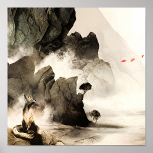 Spring Mystic Fox Misty Mountain Minimalist Zen Poster