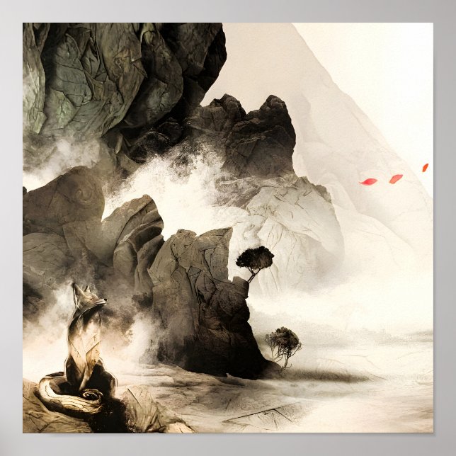 Spring Mystic Fox Misty Mountain Minimalist Zen Poster (Front)