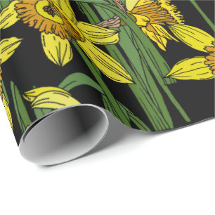Spring Narcissus Daffodils on Black Bold Floral Wrapping Paper