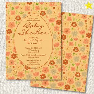 Spring Orange Flower Doodle Drawings Baby Shower Invitation