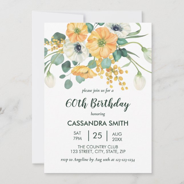 Spring Orange & White Anemone Floral Birthday Invitation (Front)